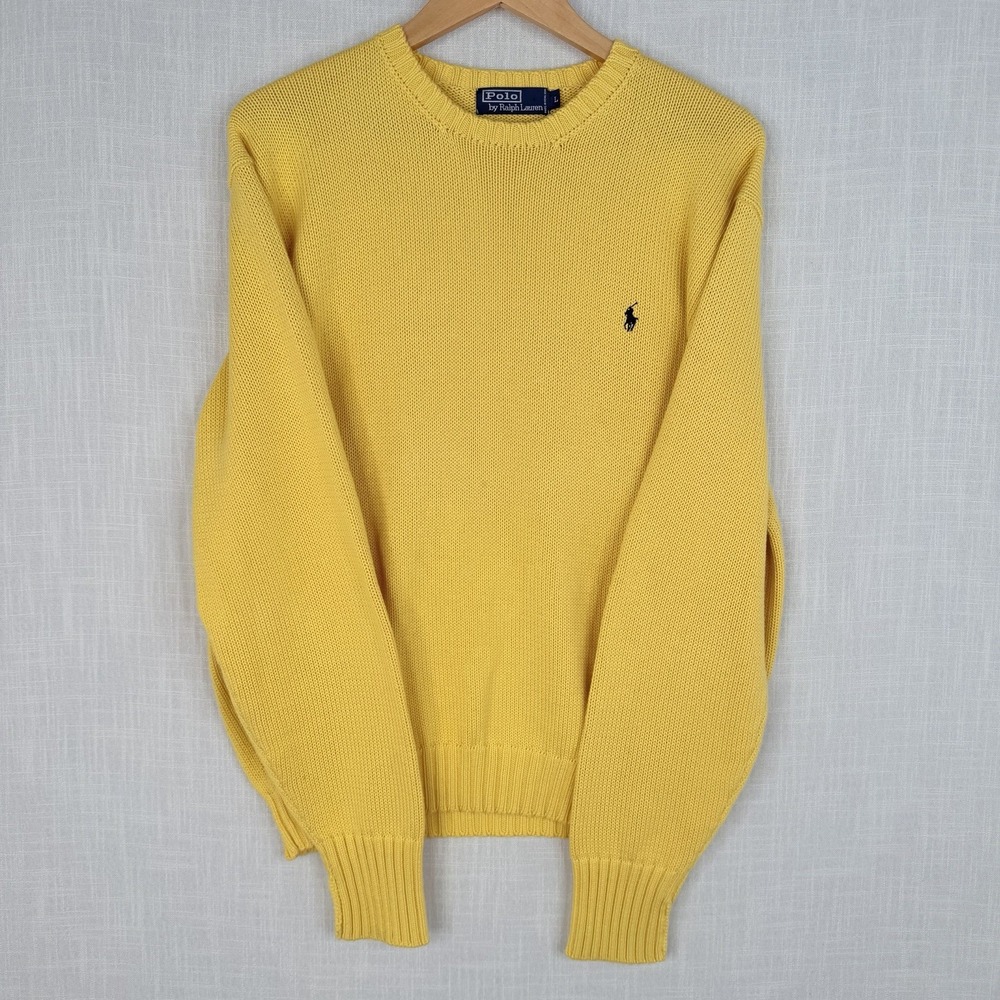 Polo Ralph Lauren Sweater Large Yellow Preppy Cotton Knit Crewneck Pony Logo
